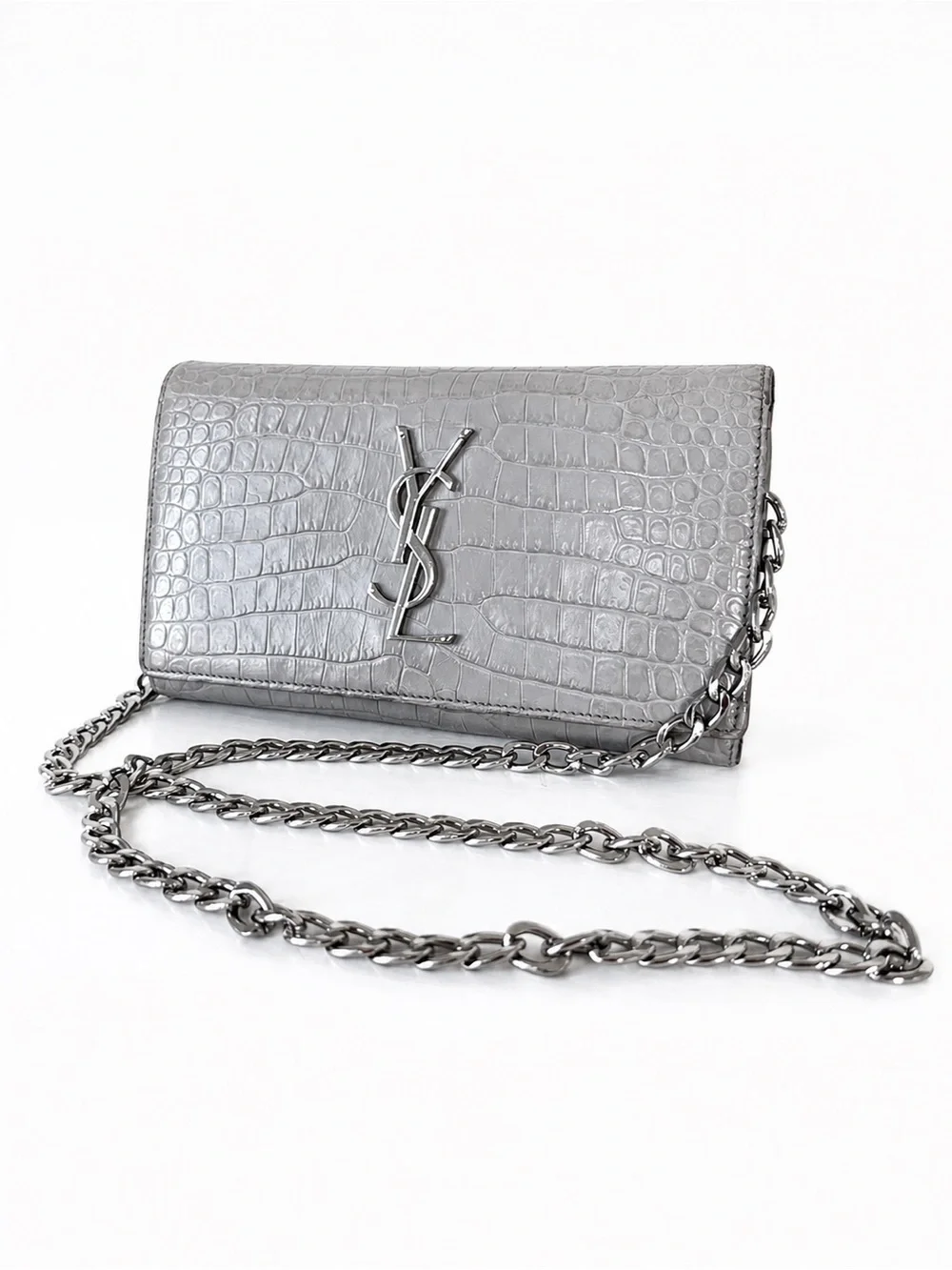 Saint Laurent YSL Icy Gray Croc Wallet + Added Chain